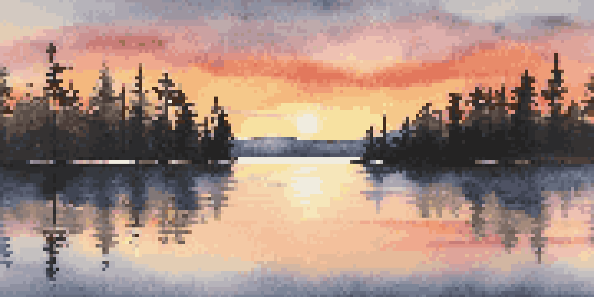 A beautiful sunset over a calm lake, with bright orange and pink colors reflecting on the water, framed by pine trees.
