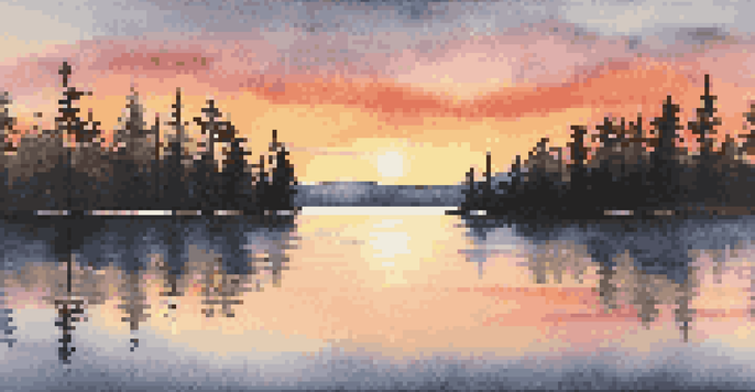 A beautiful sunset over a calm lake, with bright orange and pink colors reflecting on the water, framed by pine trees.