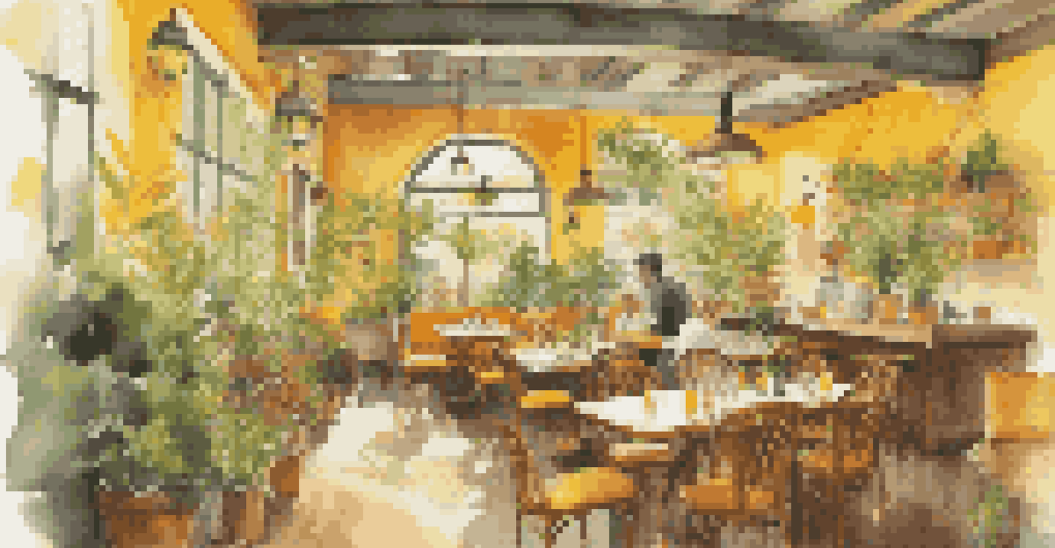 A vibrant café with yellow walls, wooden furniture, and soft lighting, creating a warm and inviting atmosphere.