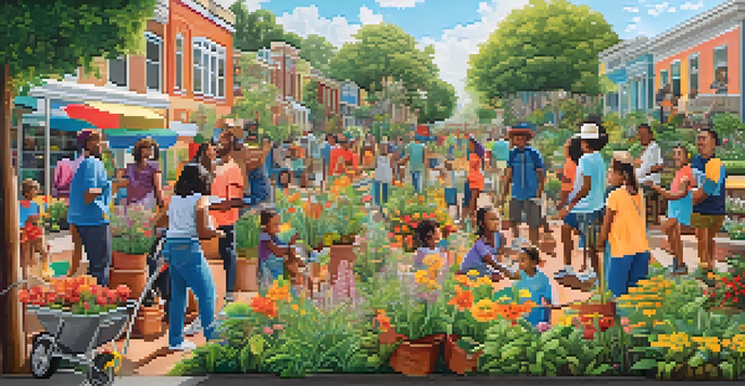 A colorful mural showing diverse community members engaged in creative activities like gardening and painting, with lush greenery in the foreground.