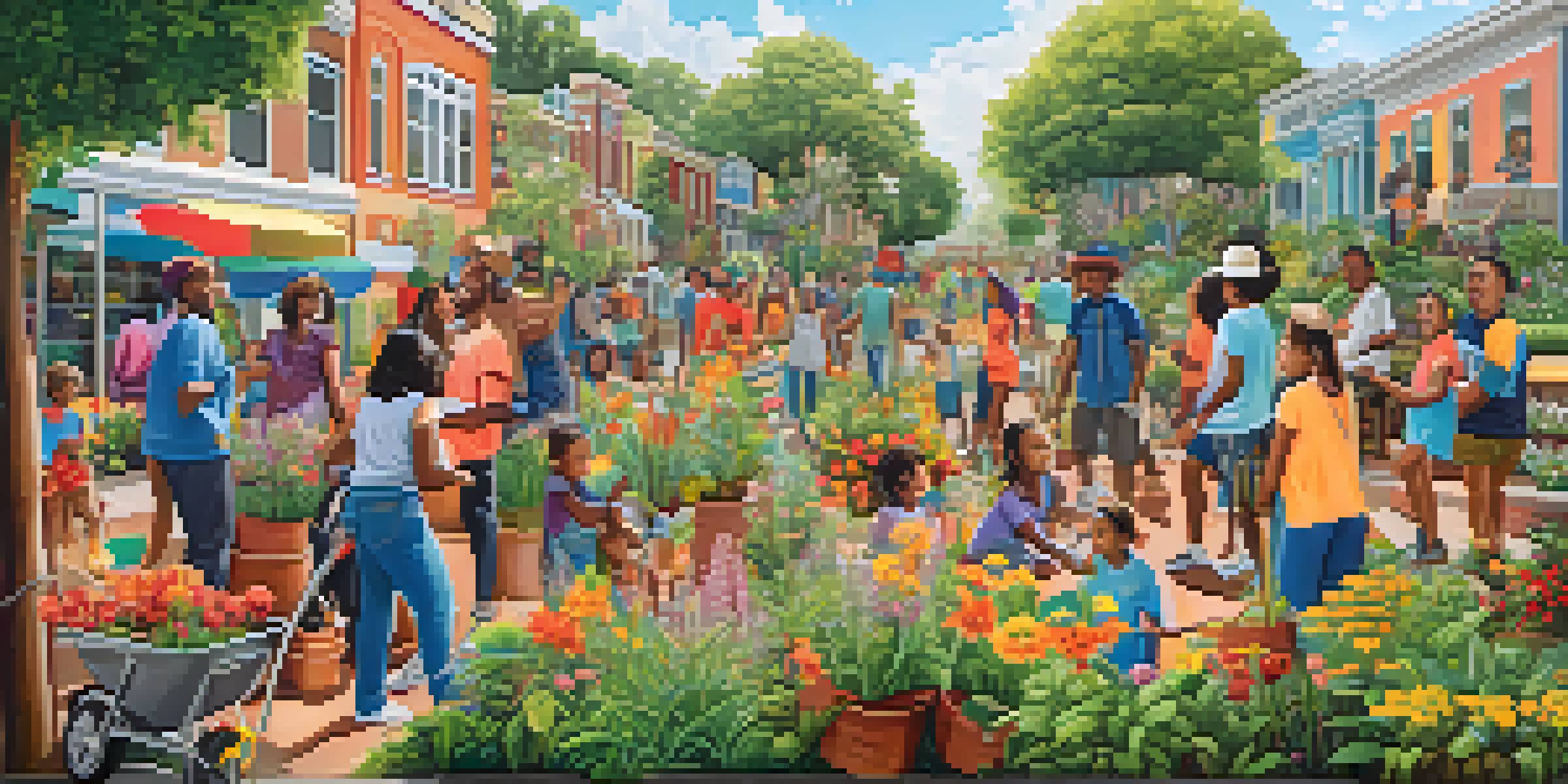 A colorful mural showing diverse community members engaged in creative activities like gardening and painting, with lush greenery in the foreground.