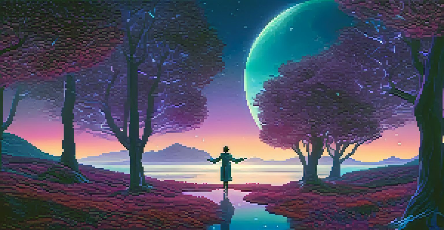 A serene digital forest in virtual reality with luminescent trees and a figure interacting with the environment.