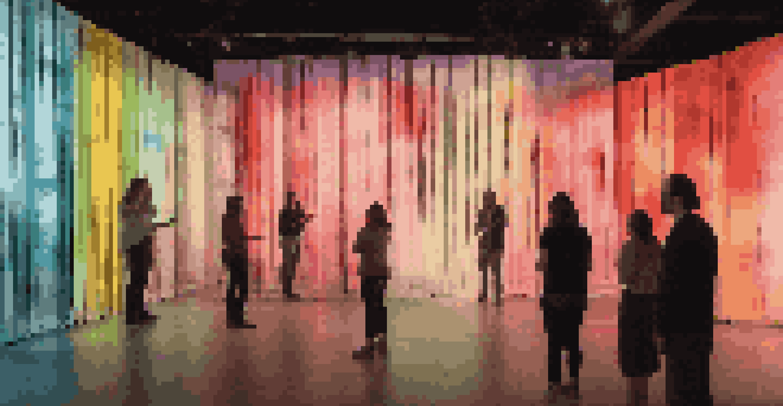 An immersive art installation in a dark room with hanging panels projecting colorful lights, complemented by ambient music.