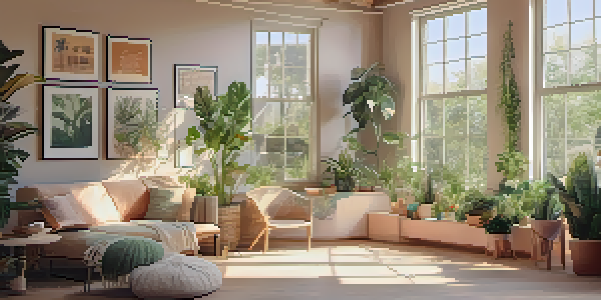 A well-lit room with pastel-colored walls and indoor plants, creating a sustainable and inviting atmosphere.