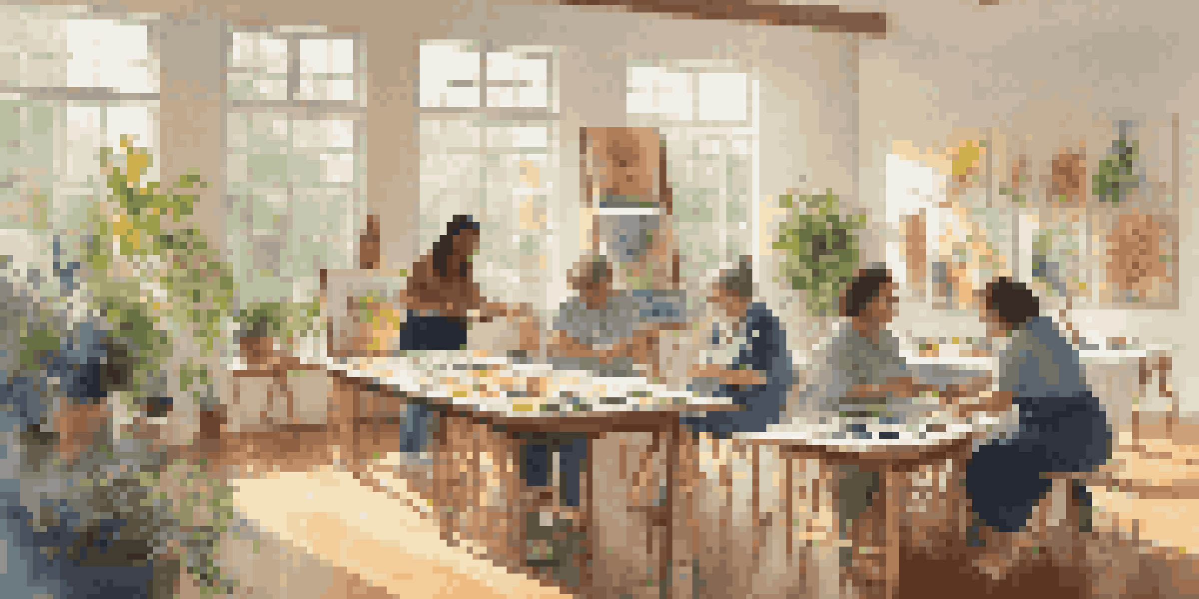 A group of diverse caregivers painting in a bright studio, showcasing their emotional expressions through art.