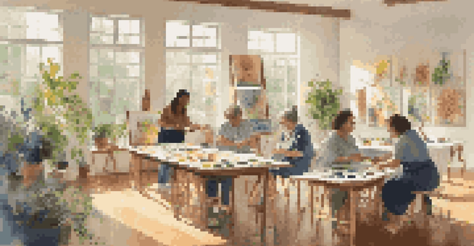 A group of diverse caregivers painting in a bright studio, showcasing their emotional expressions through art.