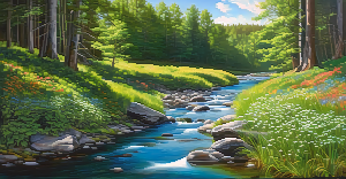 A peaceful forest scene with sunlight filtering through leaves, a flowing stream, and blooming wildflowers.