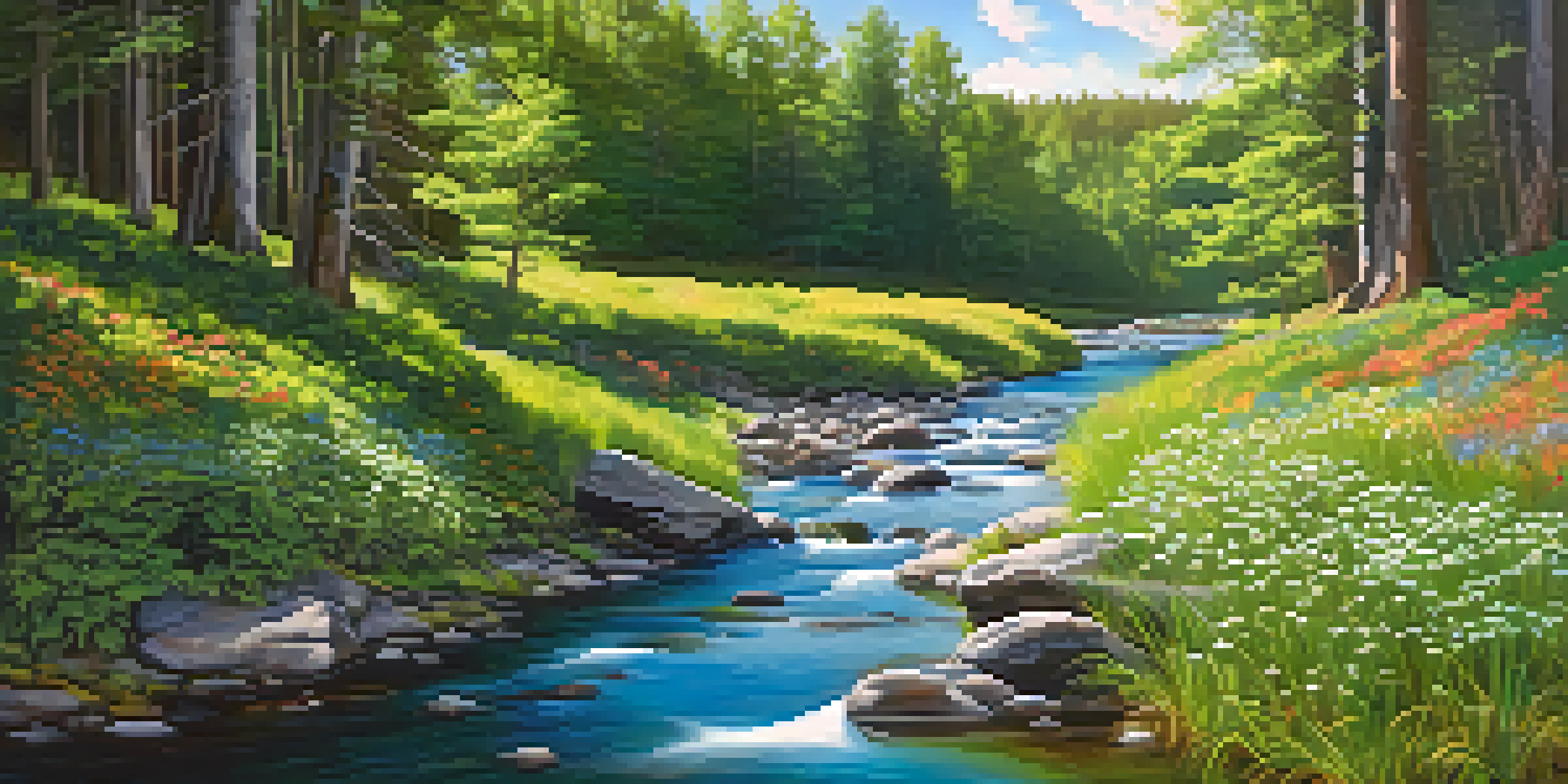 A peaceful forest scene with sunlight filtering through leaves, a flowing stream, and blooming wildflowers.