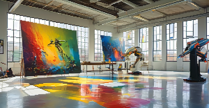 A bright art studio with robotic arms actively painting on a large canvas, surrounded by colorful artworks.