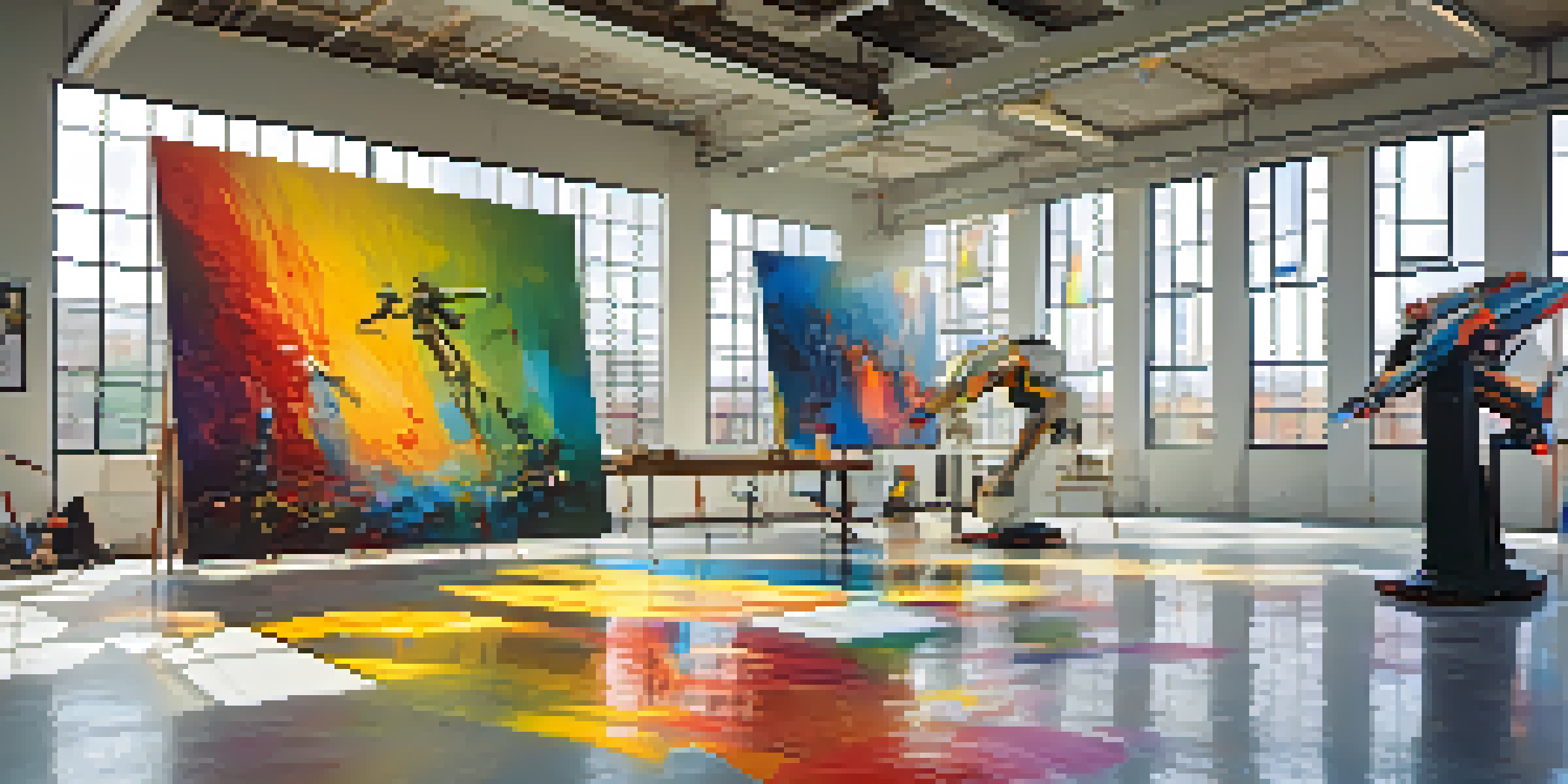 A bright art studio with robotic arms actively painting on a large canvas, surrounded by colorful artworks.