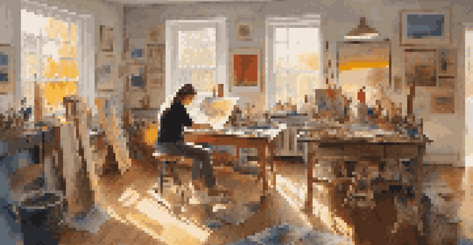 An artist working in a colorful studio filled with paintings and sculptures, illuminated by sunlight from large windows.