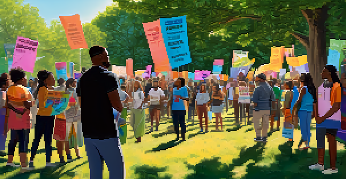 A diverse group of activists in a park holding colorful banners promoting social justice under a clear blue sky.