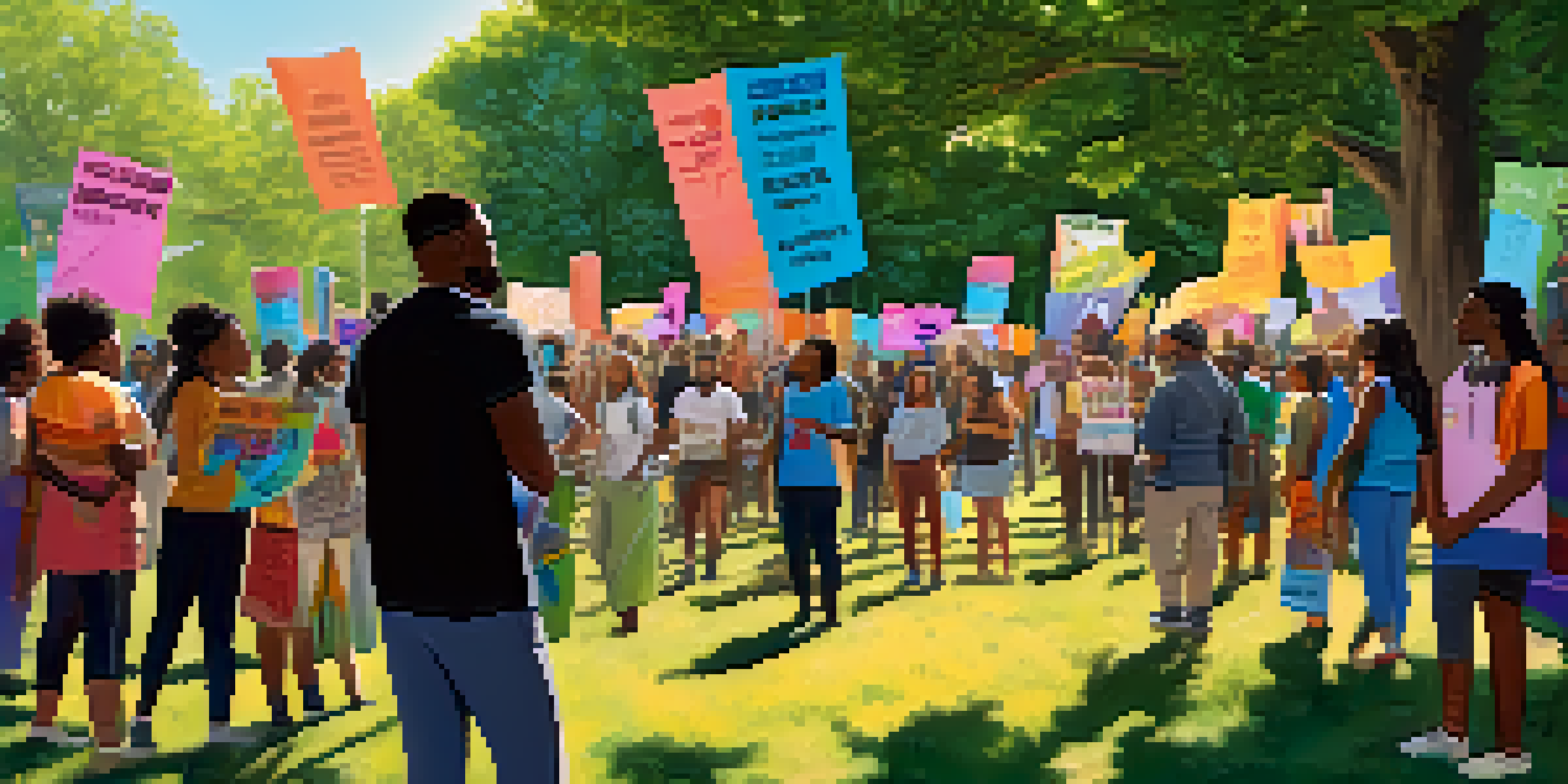 A diverse group of activists in a park holding colorful banners promoting social justice under a clear blue sky.