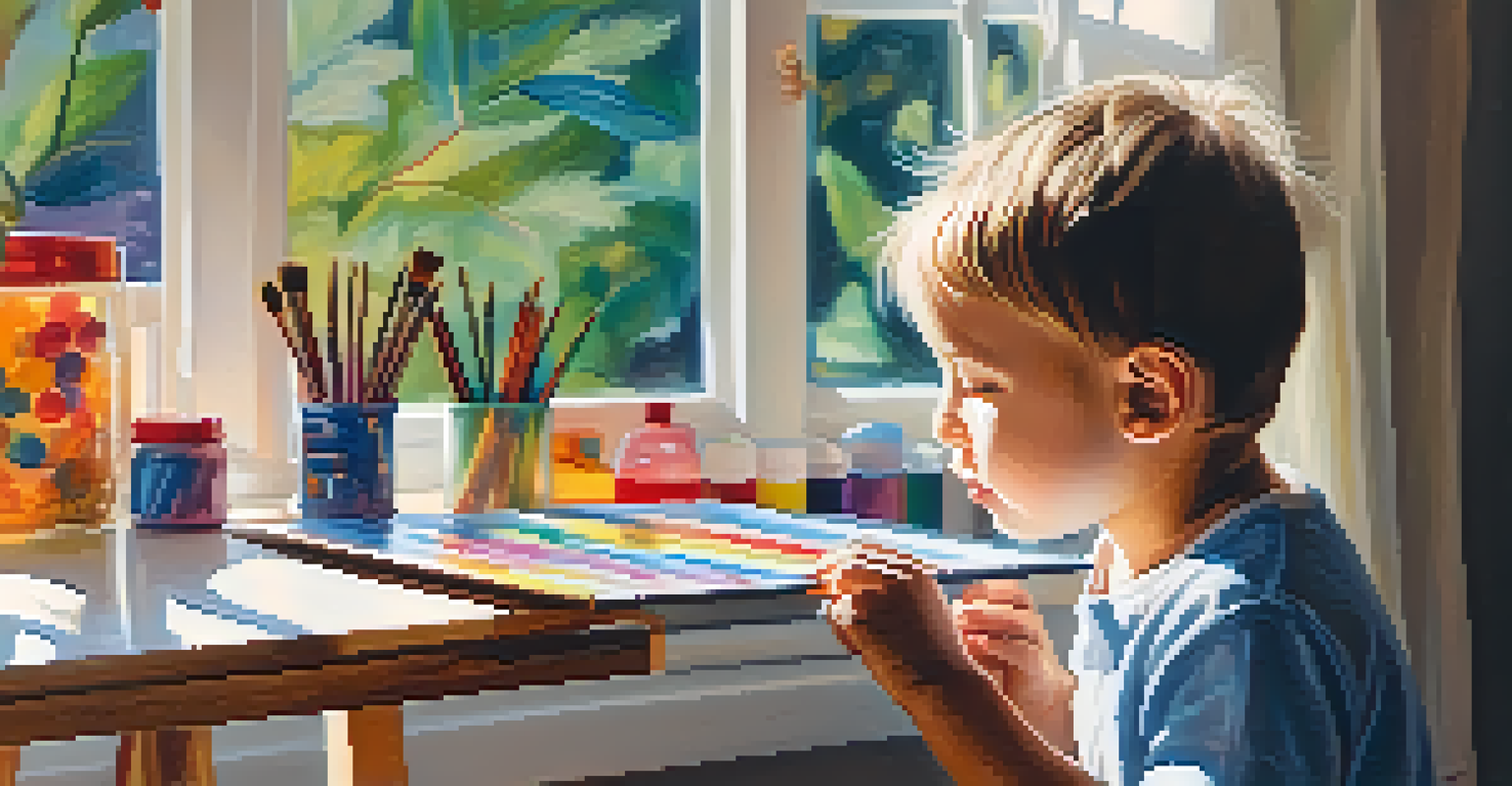 A child painting at home in a well-lit art corner, surrounded by art supplies and concentrating on their work.
