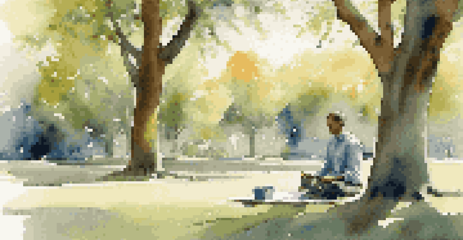 An artist meditating in a park, surrounded by art supplies, with a calm expression under the sunlight, showcasing the connection between nature and creativity.