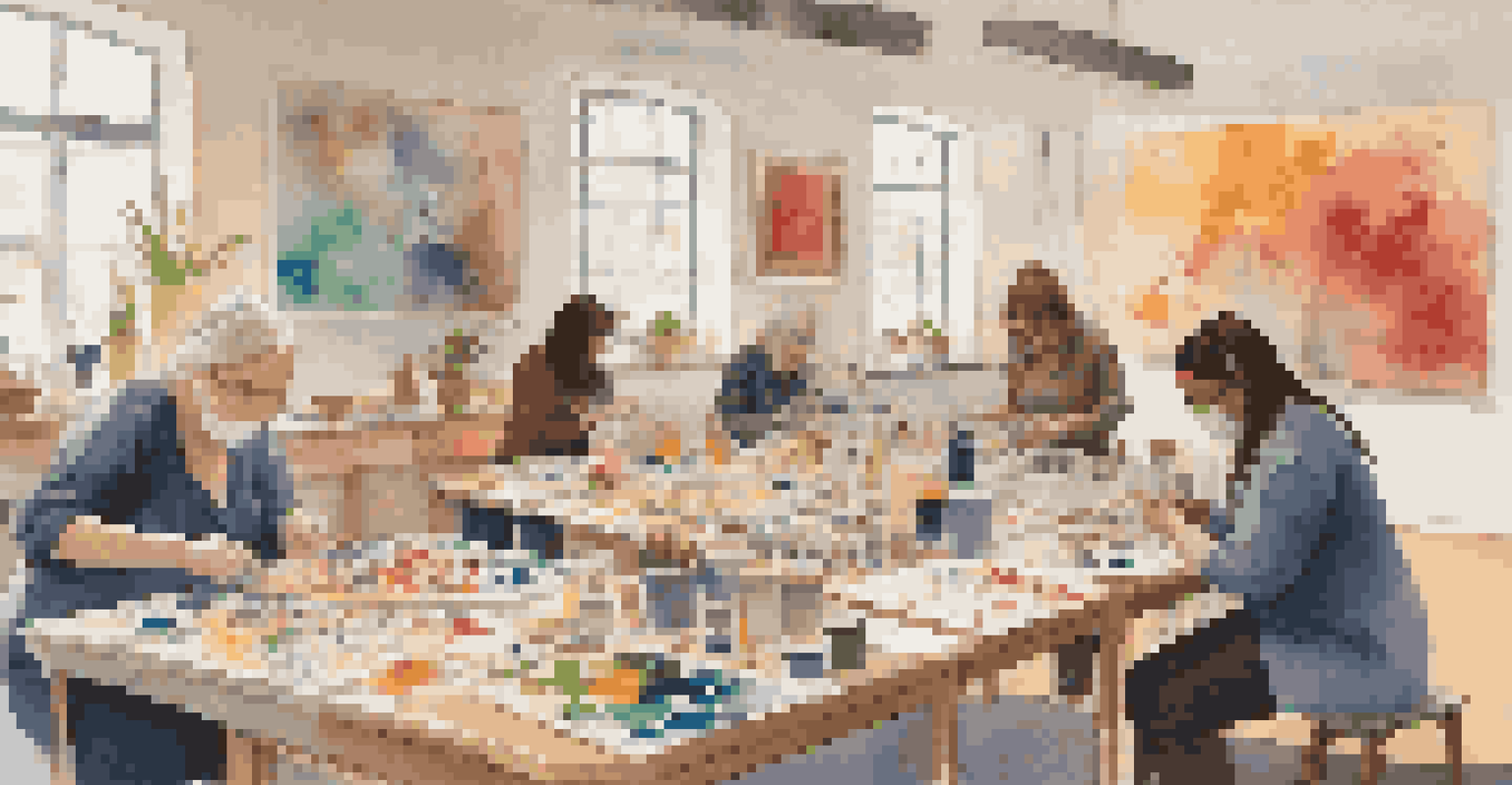 A cozy indoor art therapy session with participants engaged in creating mixed media art, surrounded by colorful materials and warm lighting.