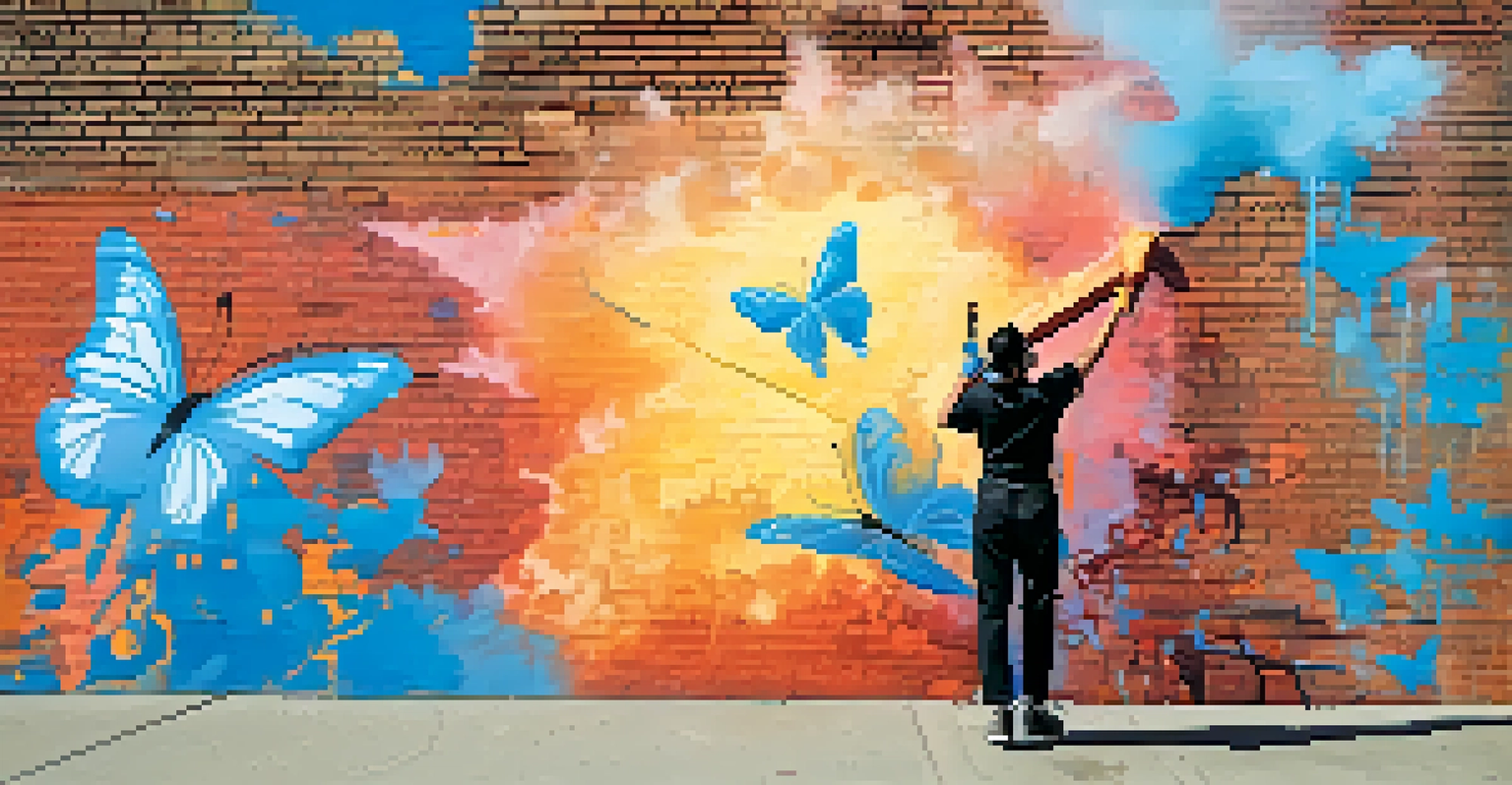 An artist painting a butterfly mural on a brick wall, with colorful paint mist around them and a city skyline in the background.