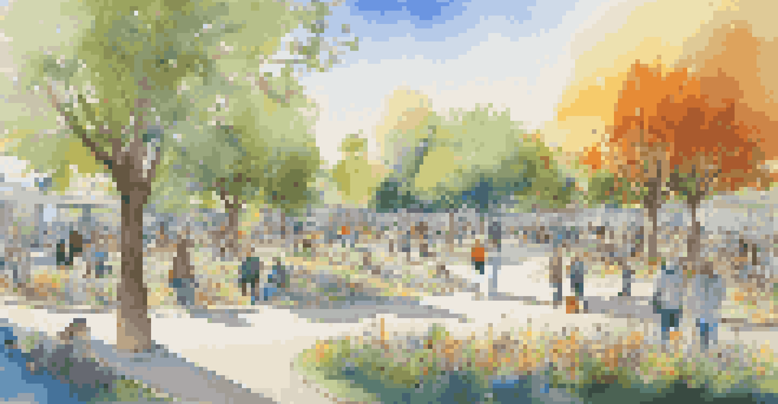 A community art installation in a park with colorful sculptures and people enjoying the space, surrounded by nature under a clear blue sky.