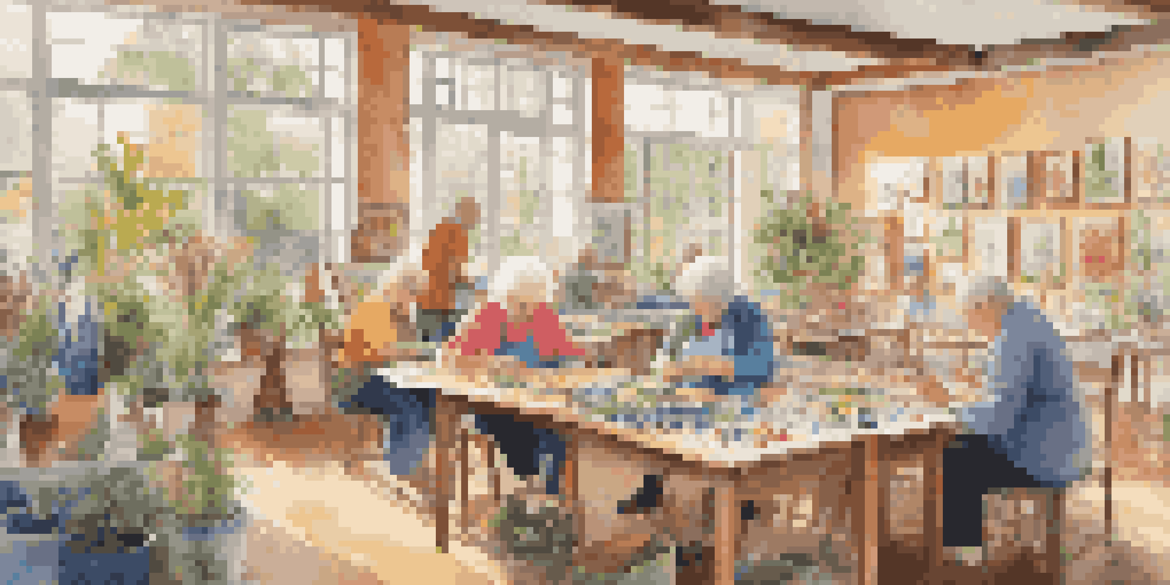 A bright art studio where seniors are happily engaged in painting, sculpting, and crafting, with sunlight streaming in and colorful art on display.