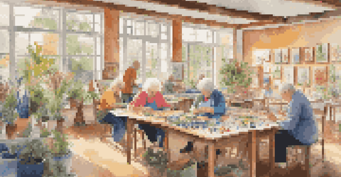 A bright art studio where seniors are happily engaged in painting, sculpting, and crafting, with sunlight streaming in and colorful art on display.