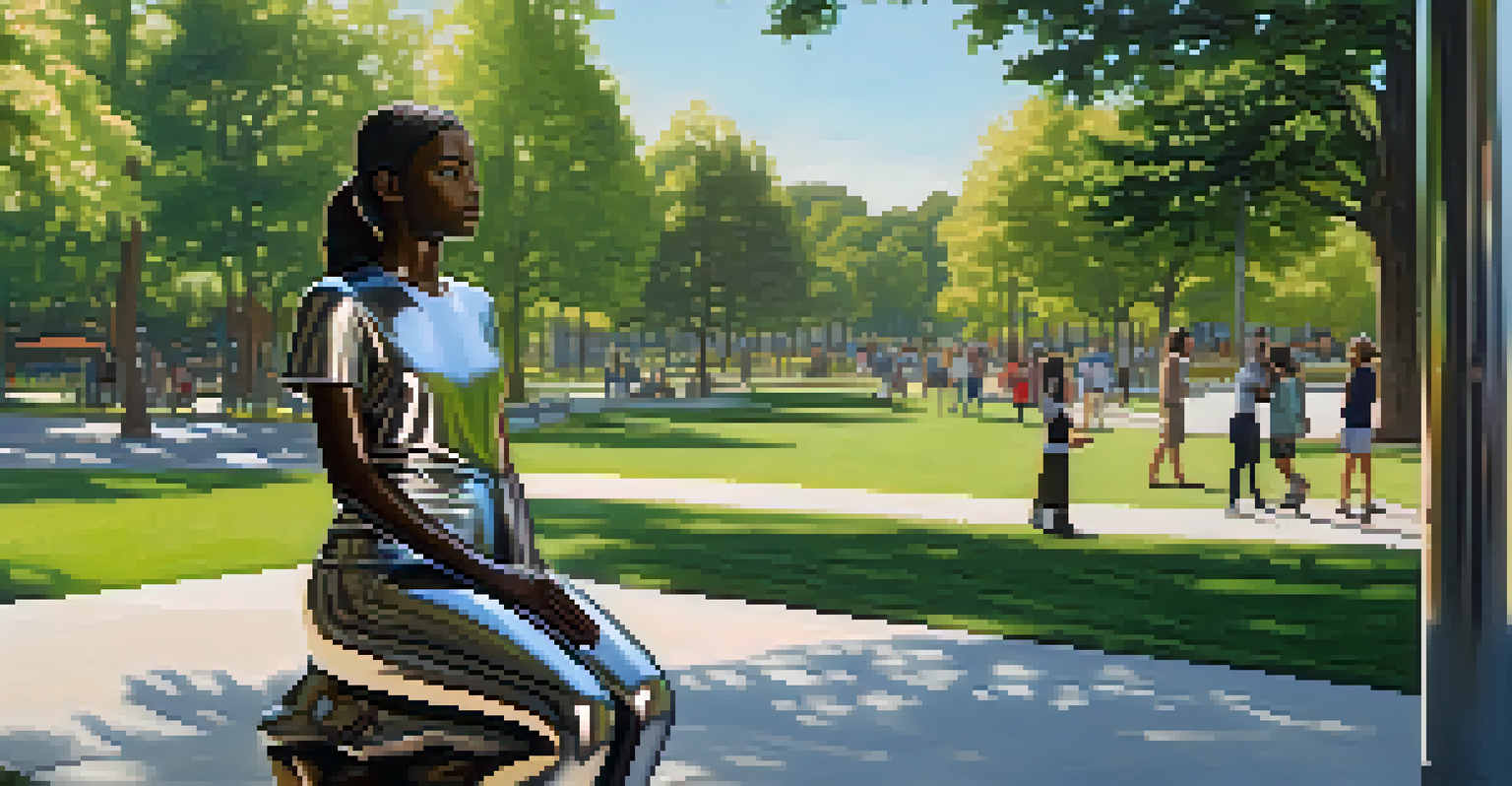 A shiny sculpture of a confident girl with crossed arms in a park, surrounded by greenery and people.