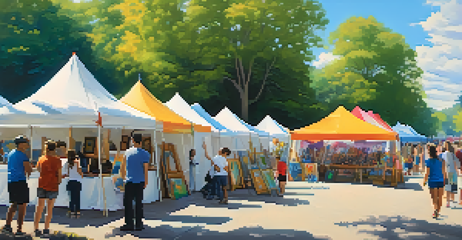An outdoor art festival featuring colorful tents and diverse visitors engaged in various artistic activities.
