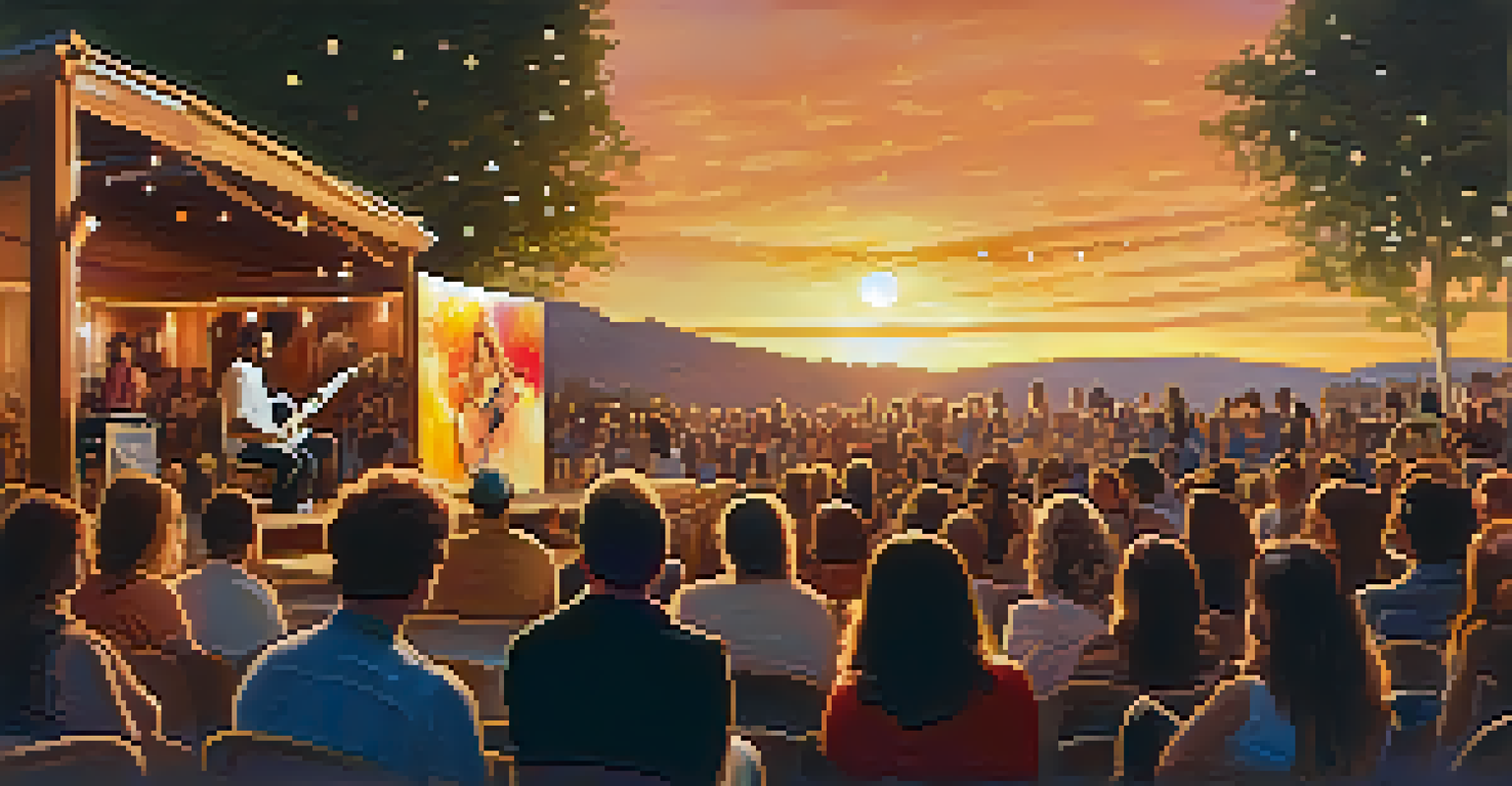 A local musician performing at an art festival with an engaged audience in a warm, cozy atmosphere.