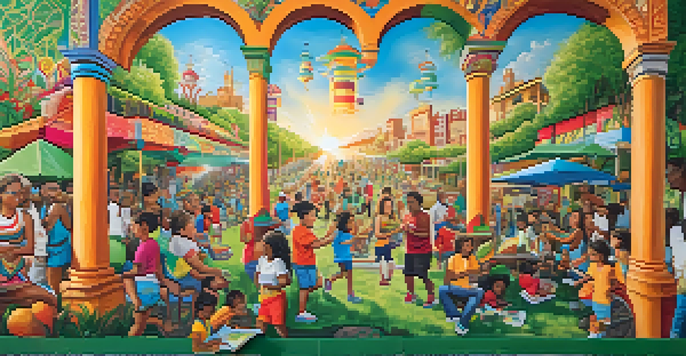 A community mural filled with colorful representations of diverse individuals participating in creative activities, surrounded by cultural symbols and bright patterns.