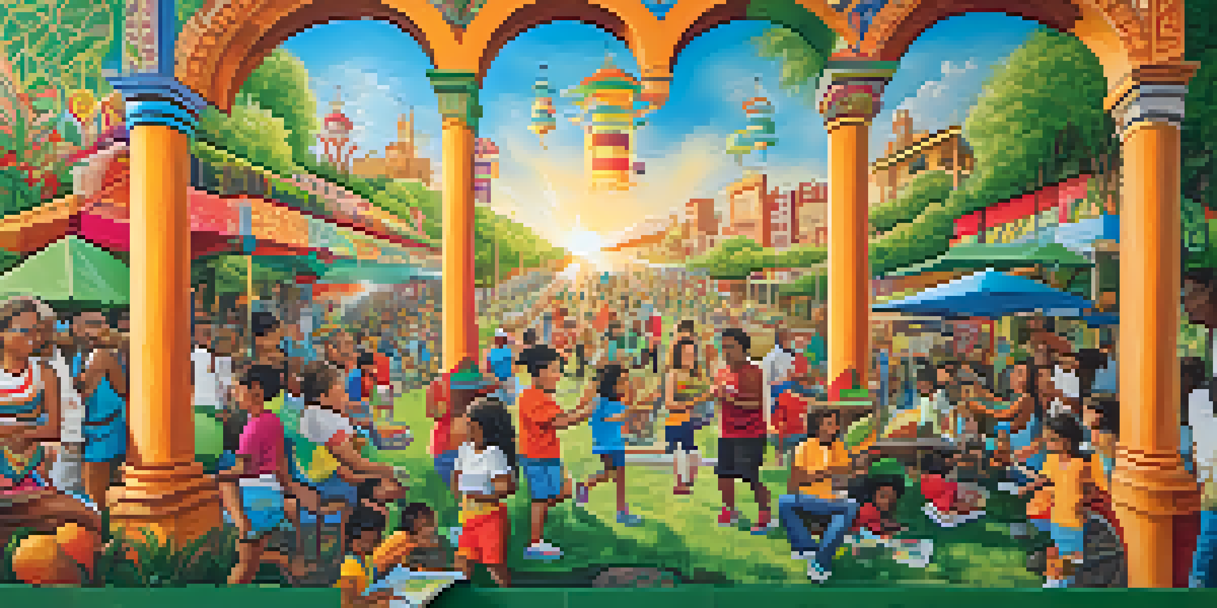 A community mural filled with colorful representations of diverse individuals participating in creative activities, surrounded by cultural symbols and bright patterns.