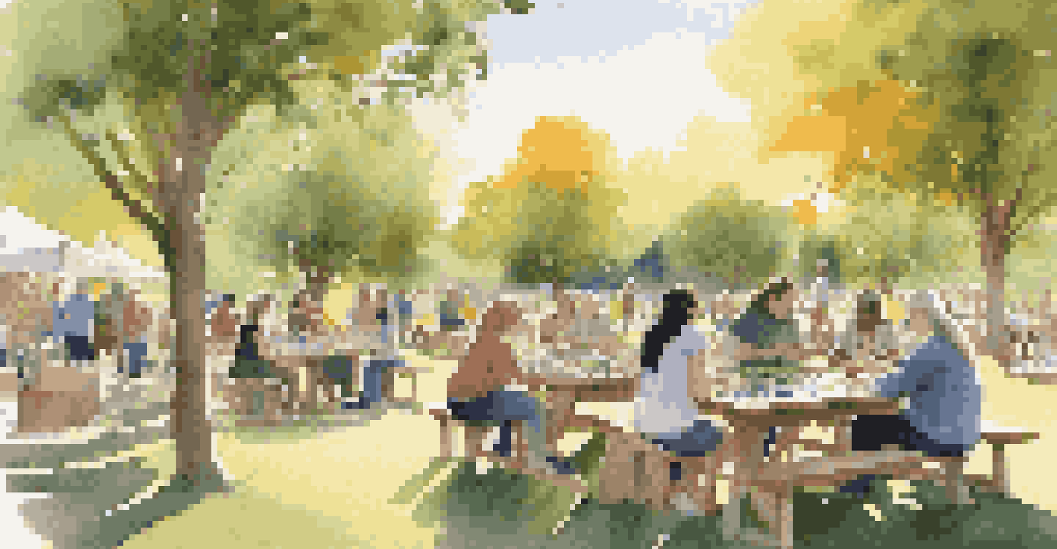 An outdoor art workshop with diverse participants creating art, surrounded by nature during sunset.