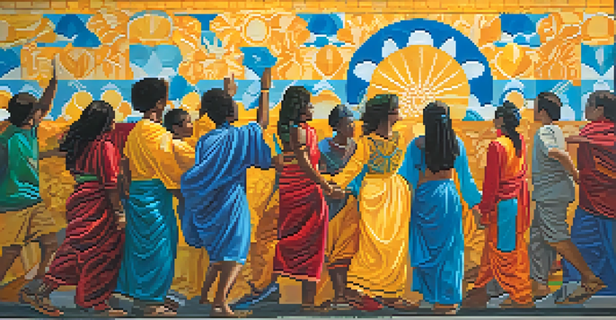 A colorful mural showing diverse individuals holding hands, representing unity and cultural diversity.