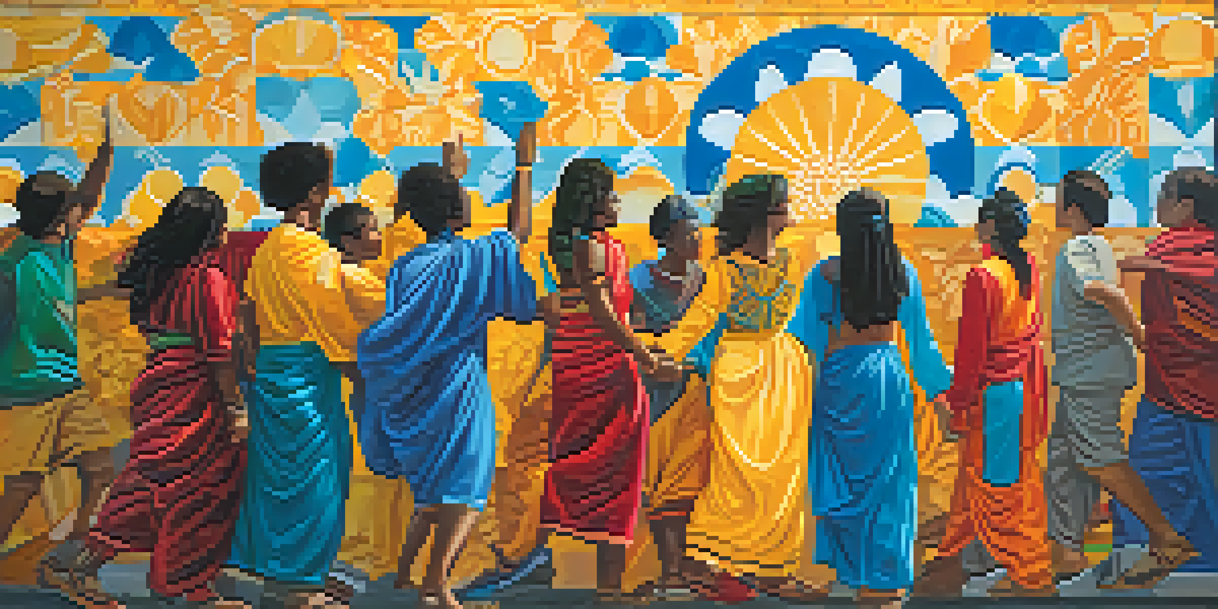 A colorful mural showing diverse individuals holding hands, representing unity and cultural diversity.
