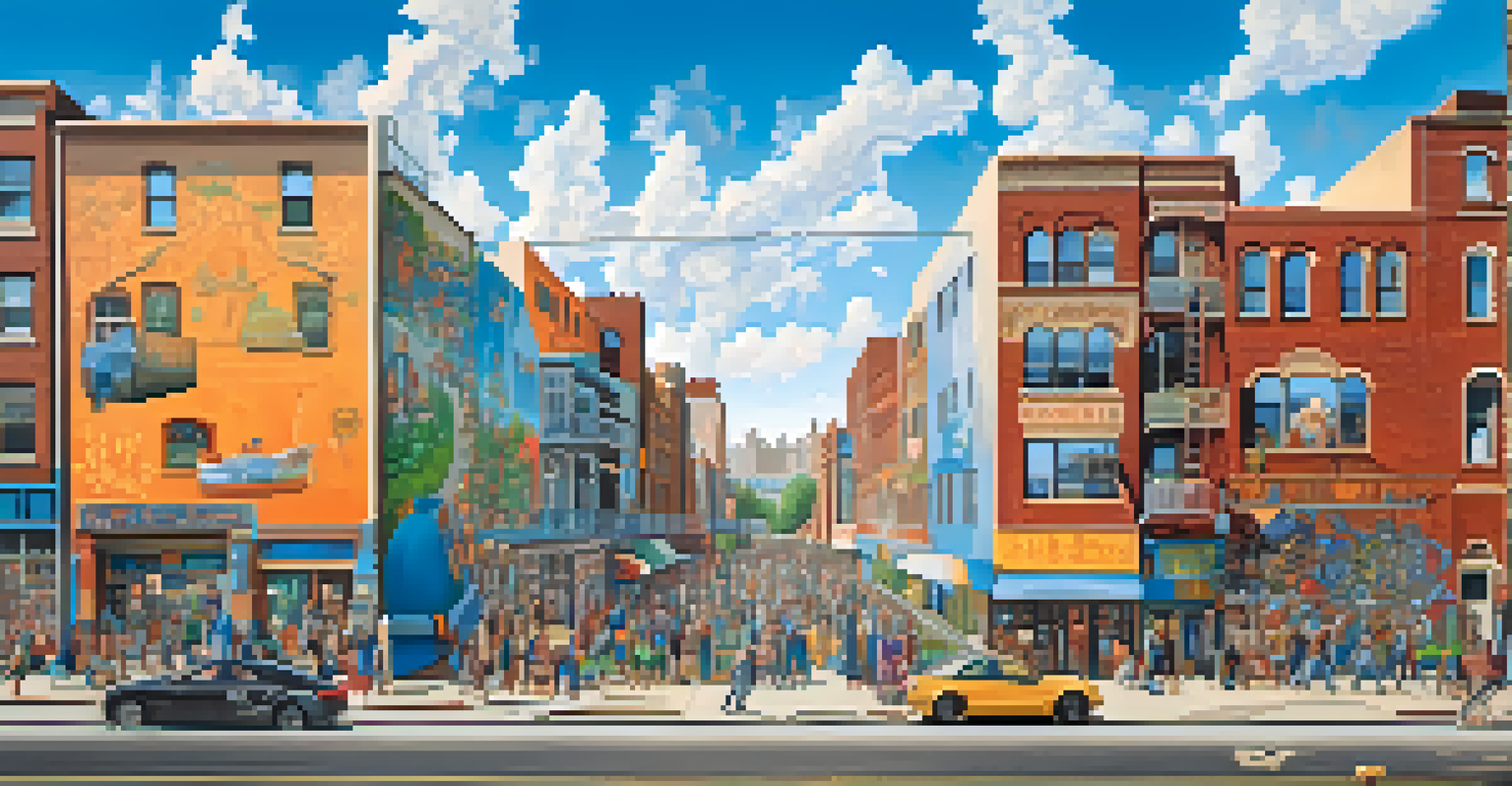 A city street filled with vibrant murals showcasing social justice and environmental themes, with people admiring the art.