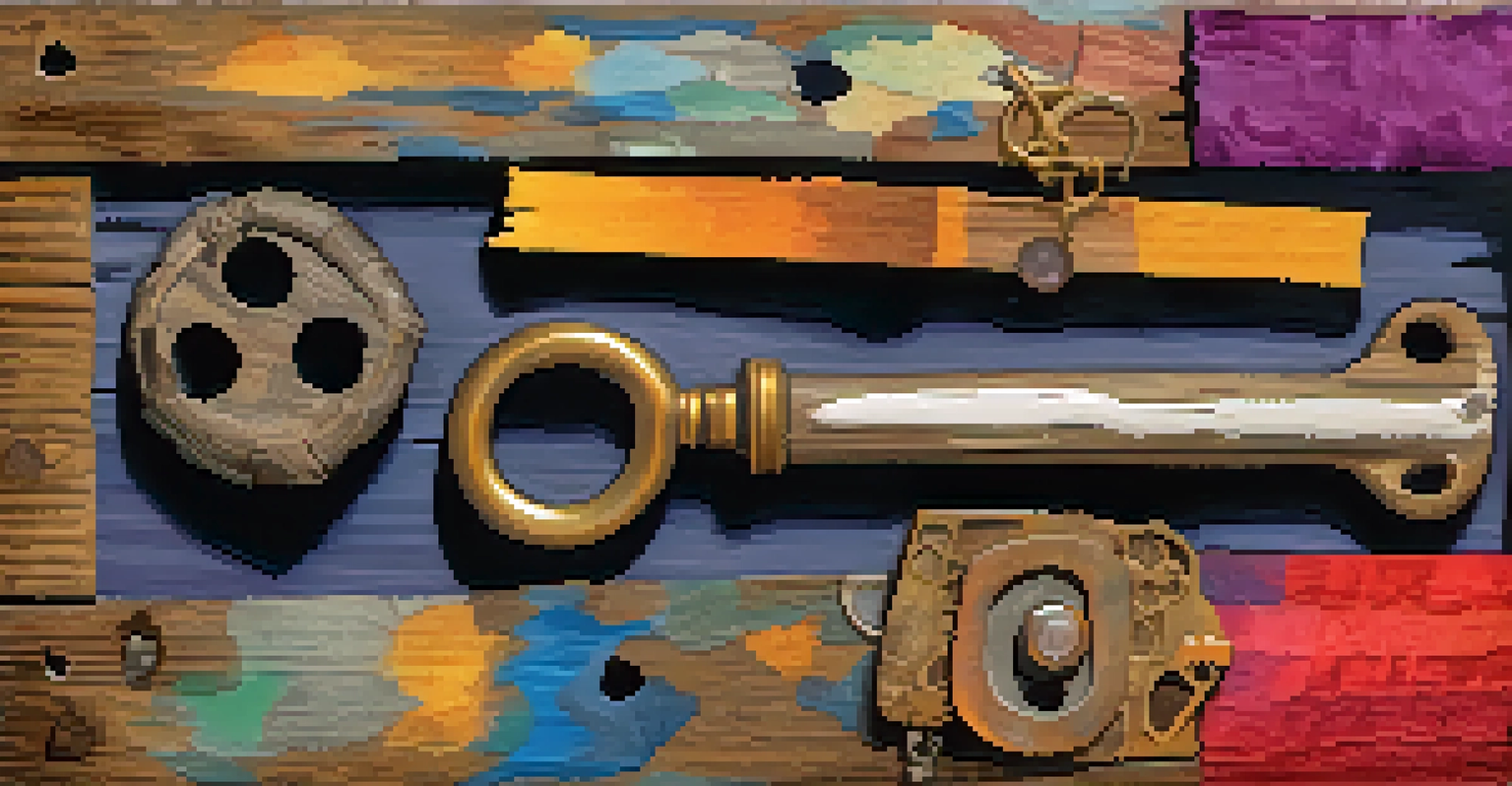 A close-up of a mixed media artwork featuring found objects like an old key and driftwood, layered with vibrant colors and textures.