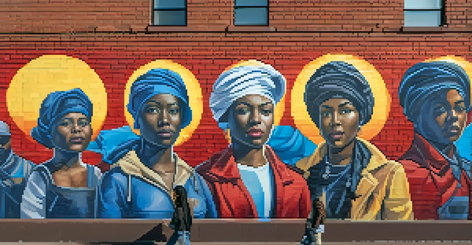 A colorful mural showcasing diverse figures united in protest, set against a brick wall in an urban environment.
