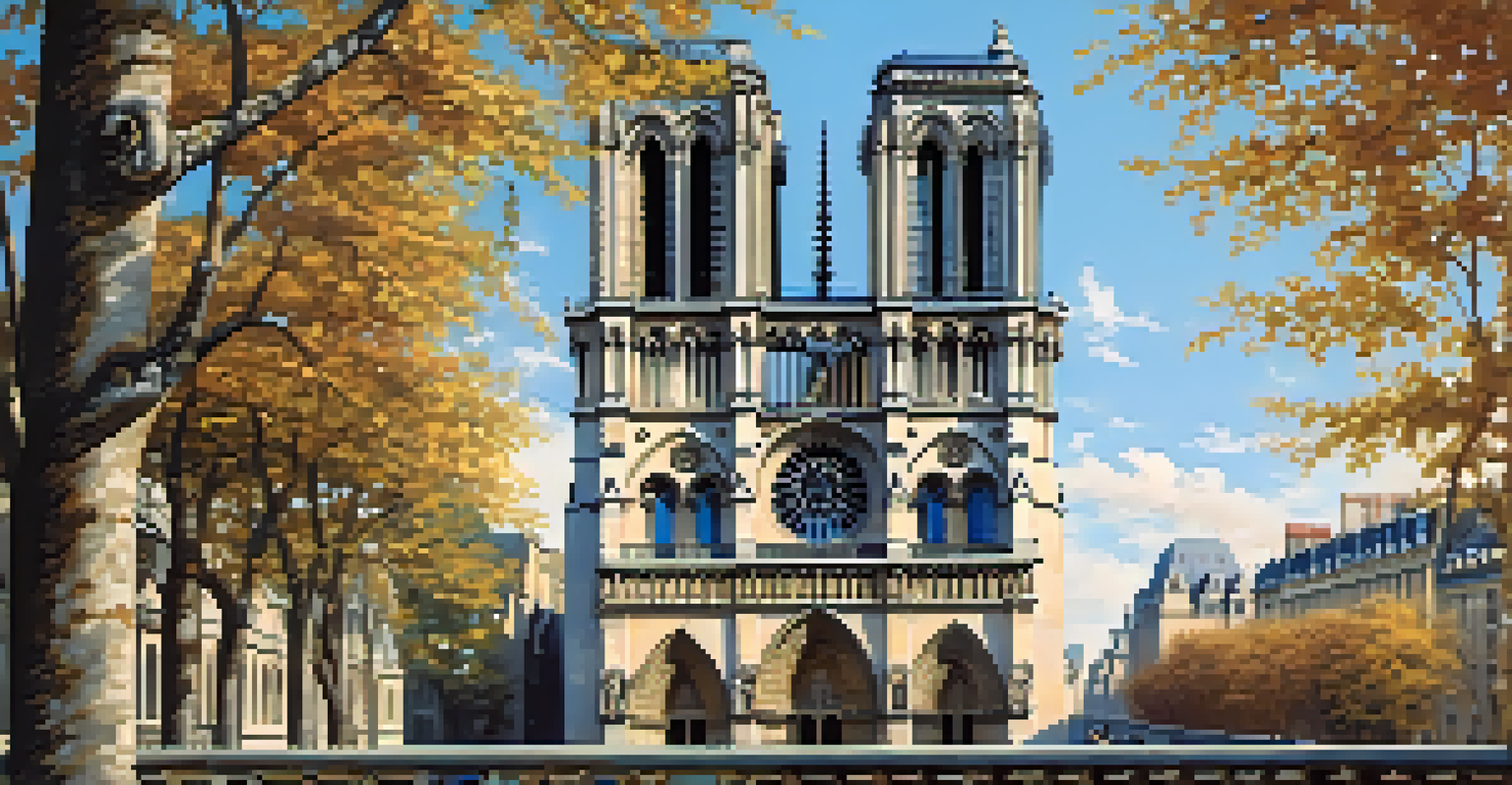 Exterior view of Notre-Dame de Paris with flying buttresses and detailed rose windows against a clear blue sky.