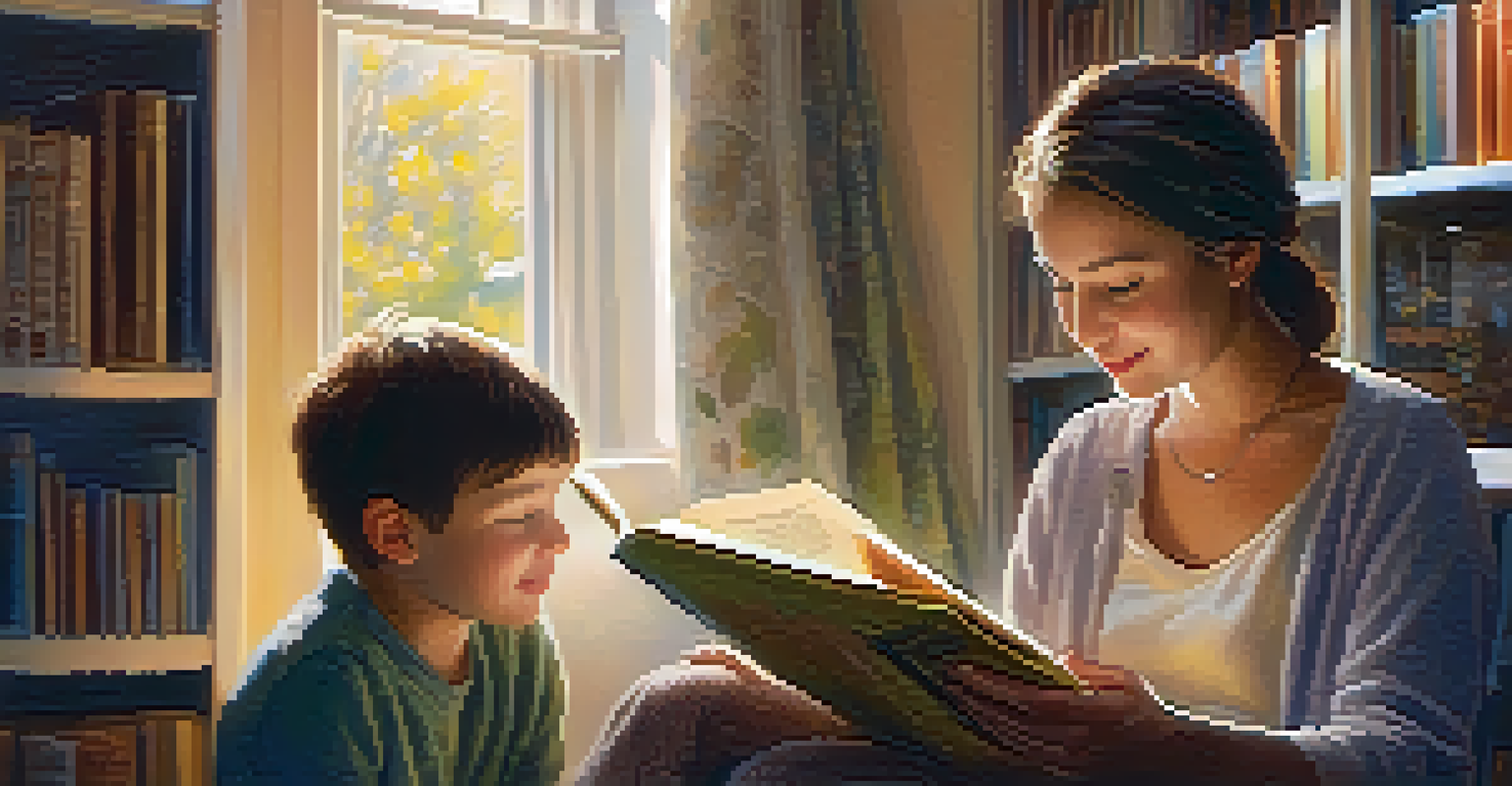 A disabled child reading a book with a caregiver in a cozy, well-lit room filled with bookshelves, showcasing a moment of curiosity and joy in a nurturing atmosphere.