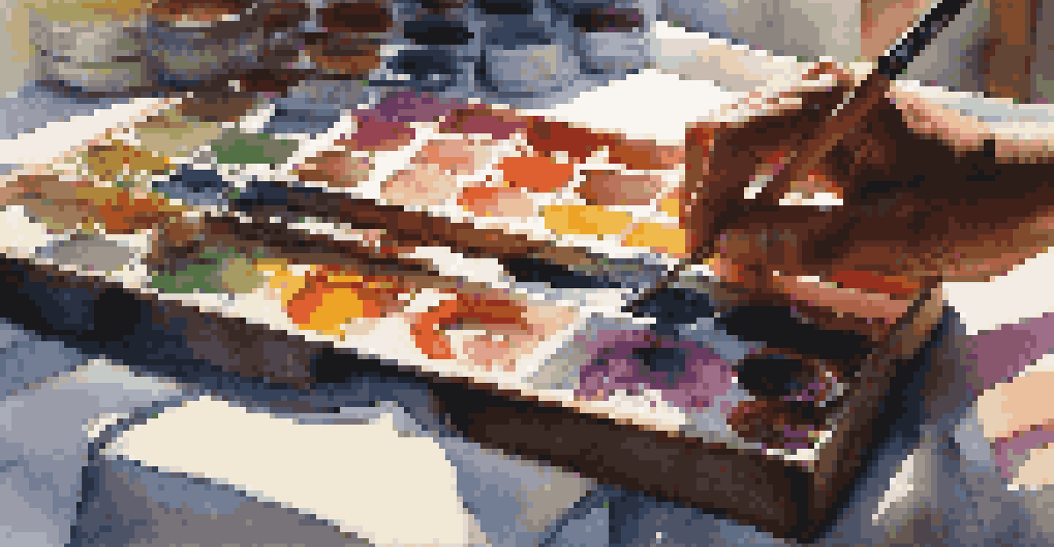 An artist's hand painting on a canvas with a colorful palette and brushes nearby, illuminated by sunlight coming through a window.