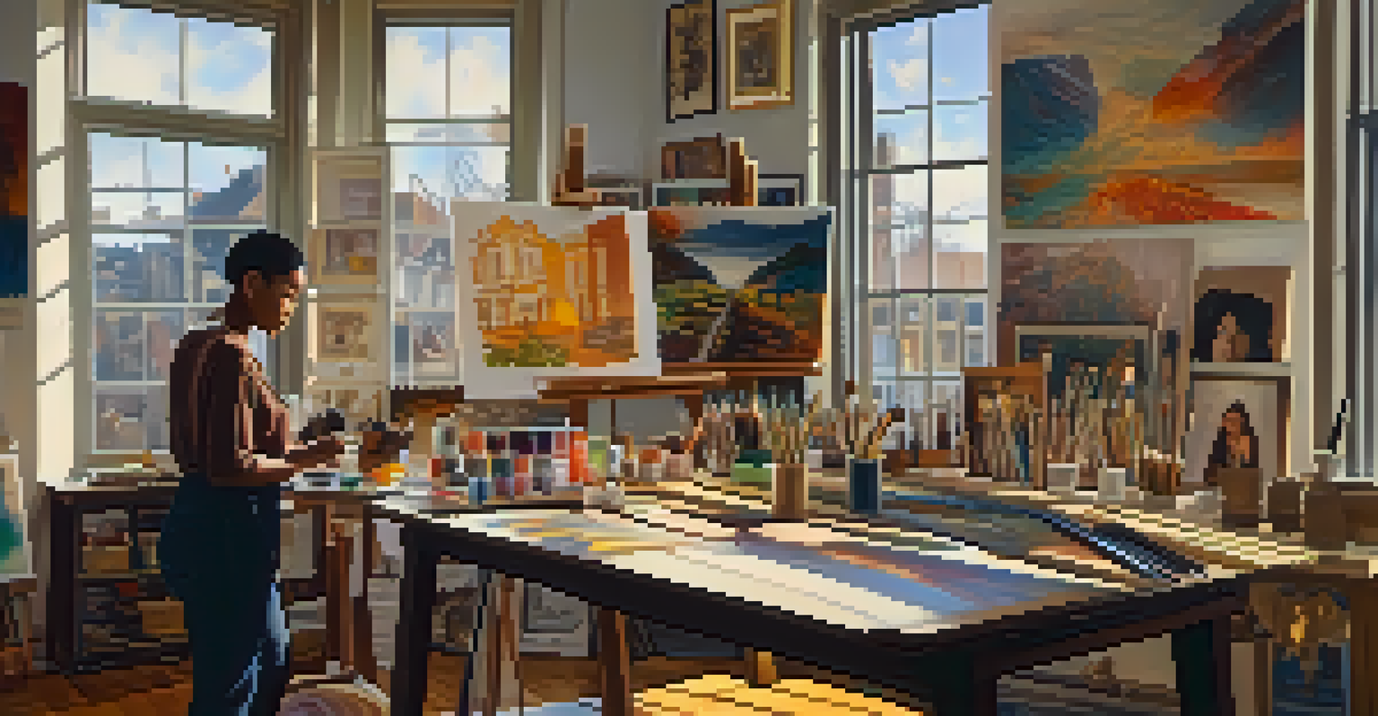 An artist in a bright studio painting a self-portrait, surrounded by cultural artifacts and art supplies.