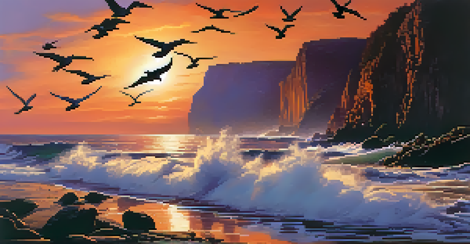 A striking coastal sunset with cliffs and crashing waves, featuring a colorful sky and silhouetted seagulls.