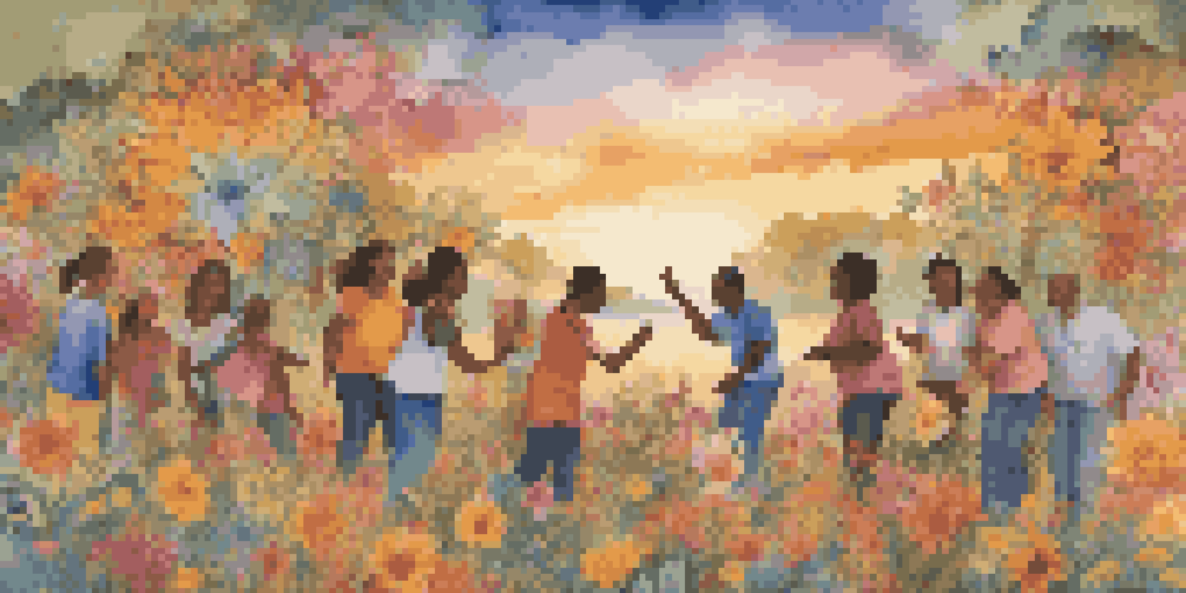 A colorful mural showcasing diverse people working together, with warm sunset lighting creating a sense of community and connection.