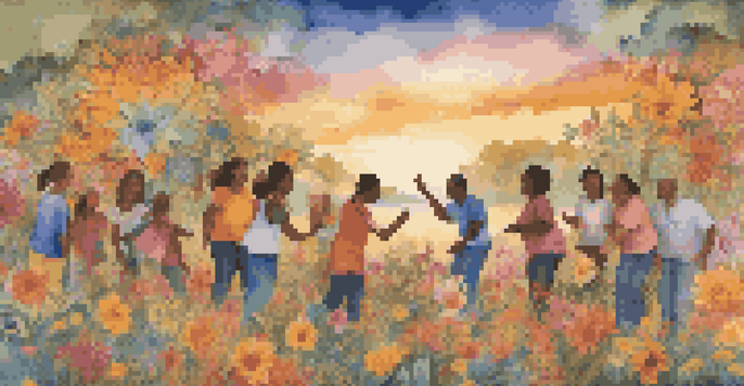 A colorful mural showcasing diverse people working together, with warm sunset lighting creating a sense of community and connection.