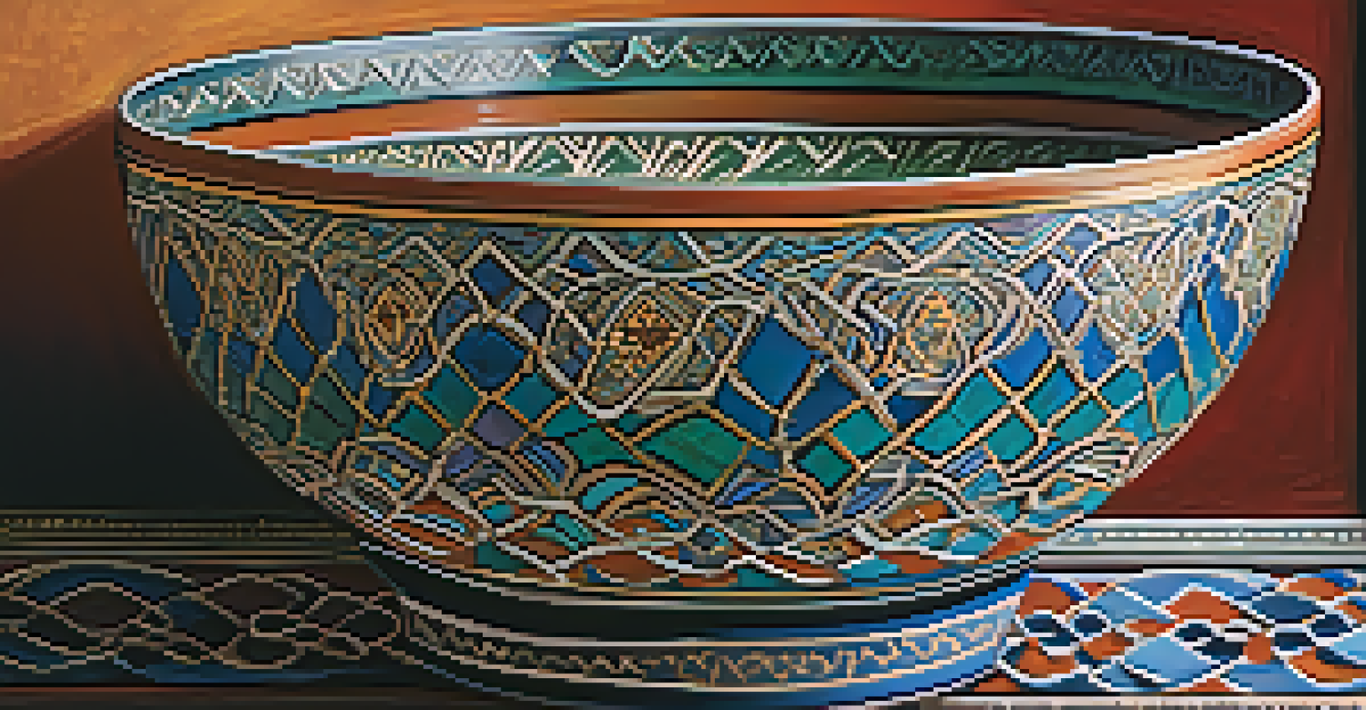A close-up of a ceramic bowl with intricate geometric patterns on a textured fabric background.