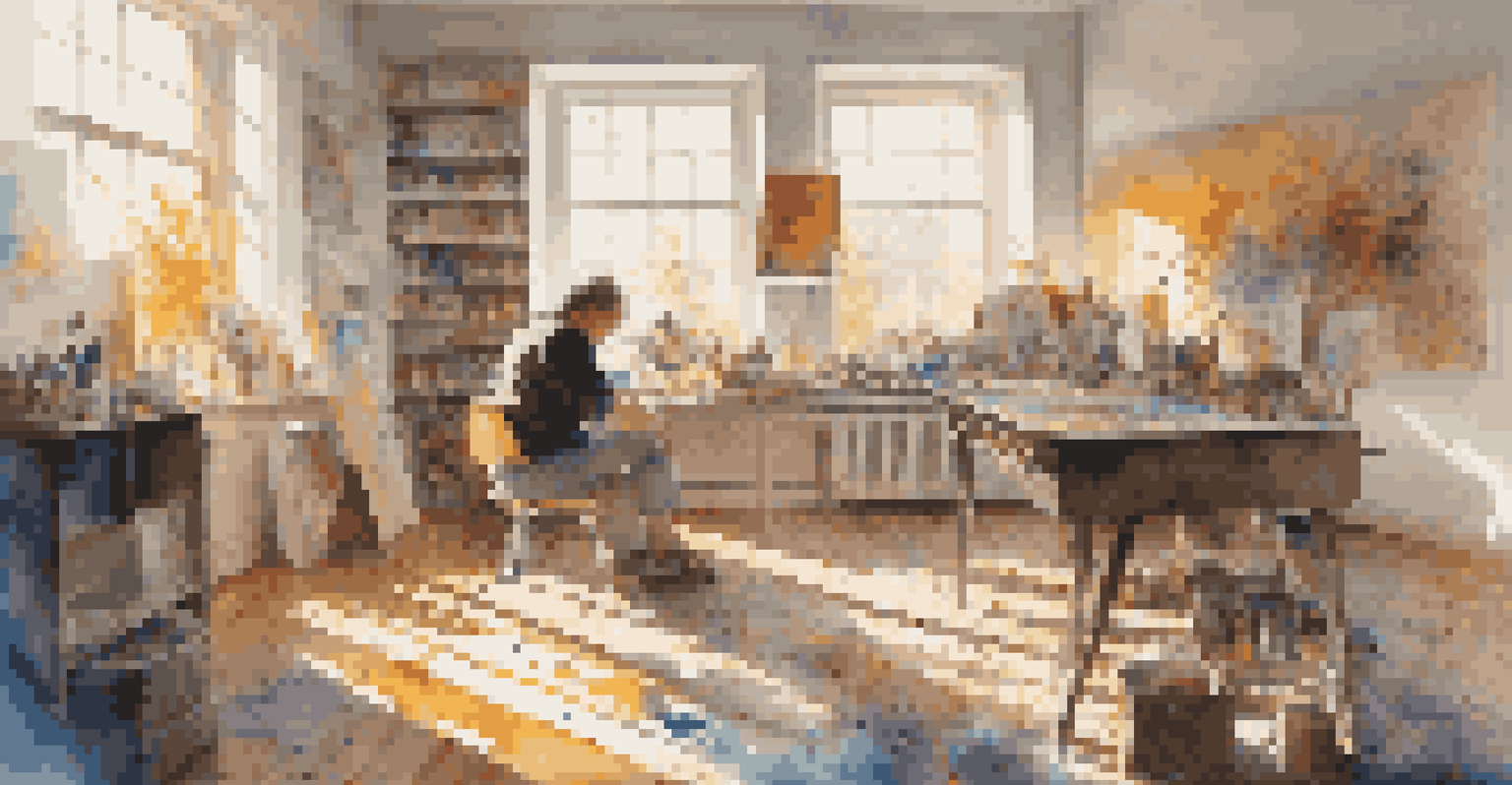 An artist in a bright studio creating a painting about hope and resilience, with sunlight illuminating the colorful environment.