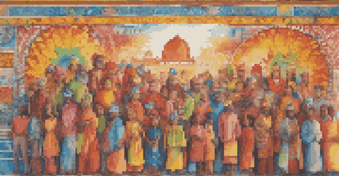 A colorful mural on a city wall representing diverse cultures and unity among people.