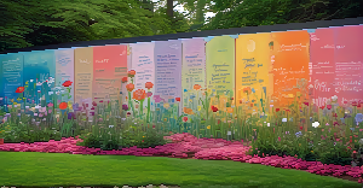 An interactive chalk wall in a garden where people are writing messages of hope, surrounded by colorful flowers and soft evening light.