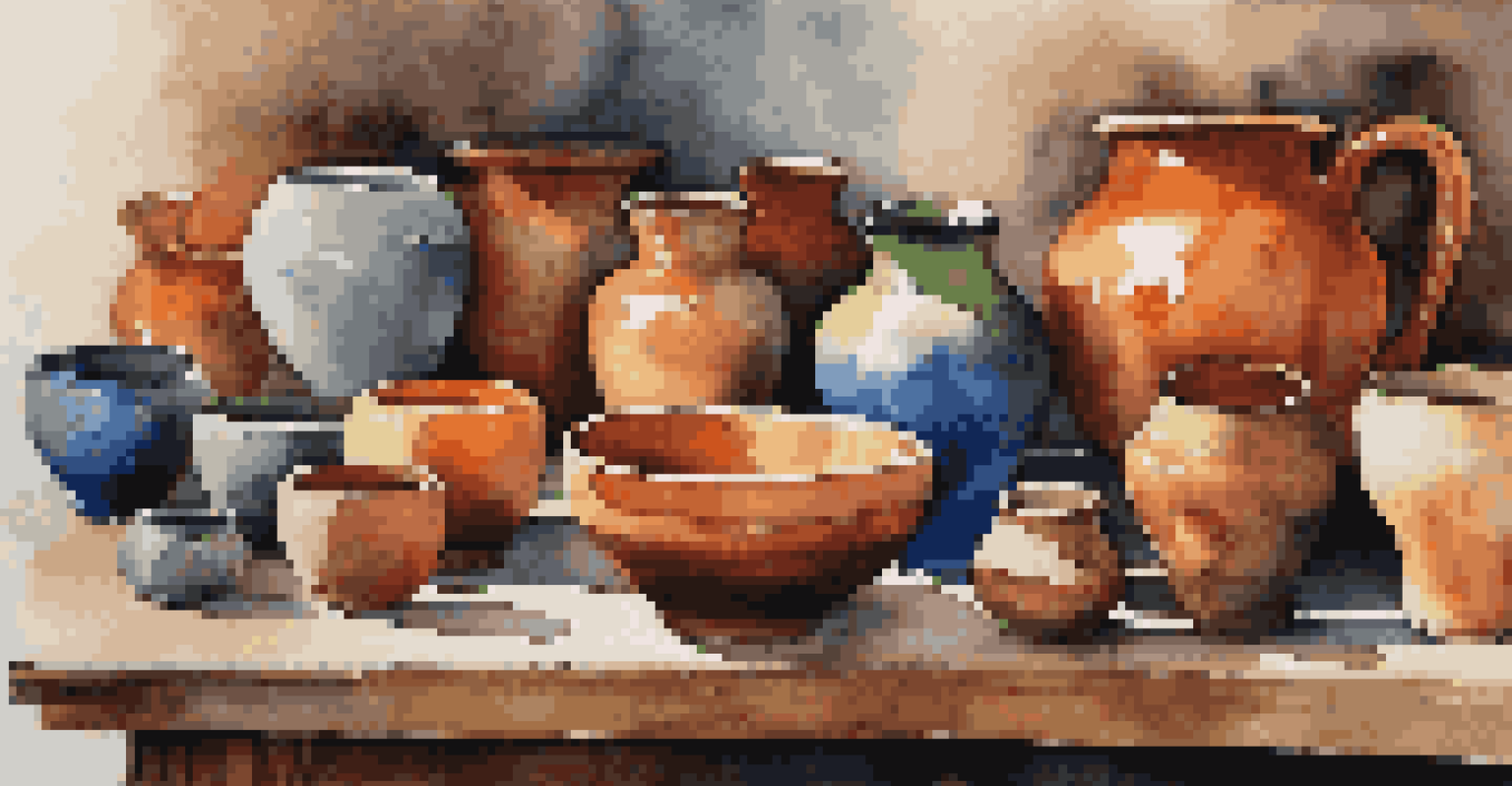 A colorful collection of pottery items on a wooden table, featuring different shapes and glazing styles, beautifully lit to highlight their details.