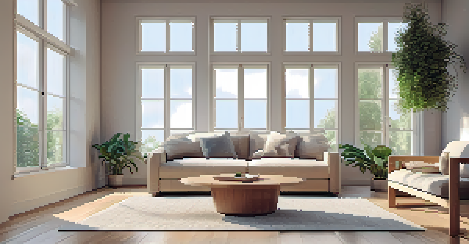 A minimalist living room with neutral colors, a wooden coffee table, and a potted plant, filled with natural light.
