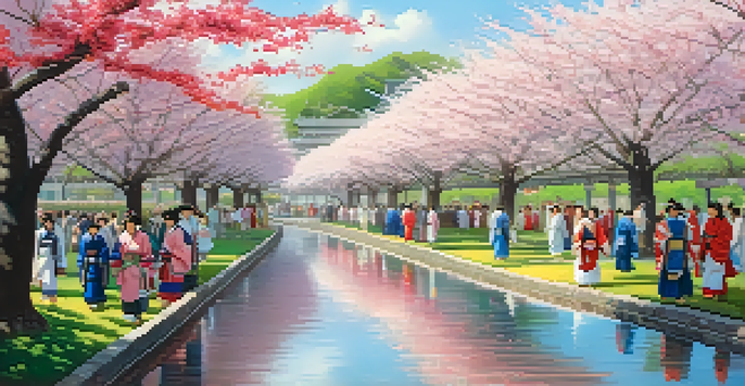 A lively scene of a cherry blossom festival in Japan, showcasing blooming pink and white sakura trees with people in traditional clothing celebrating.