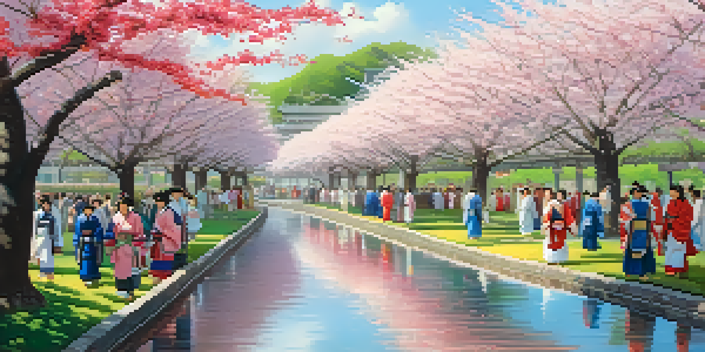 A lively scene of a cherry blossom festival in Japan, showcasing blooming pink and white sakura trees with people in traditional clothing celebrating.